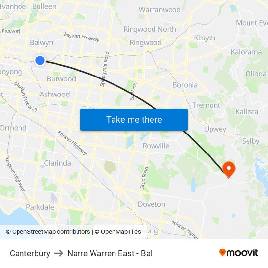 Canterbury to Narre Warren East - Bal map