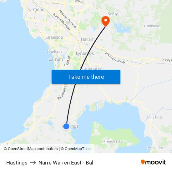 Hastings to Narre Warren East - Bal map