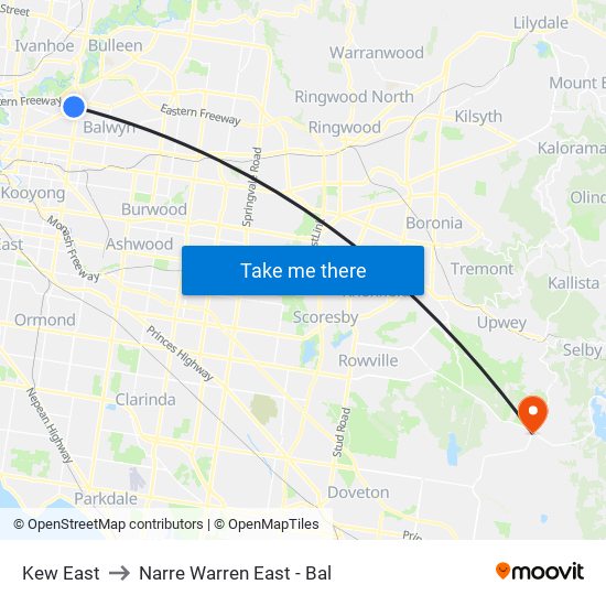 Kew East to Narre Warren East - Bal map