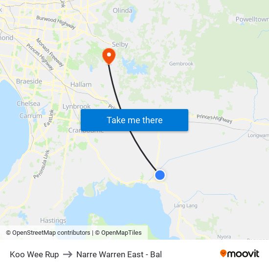 Koo Wee Rup to Narre Warren East - Bal map