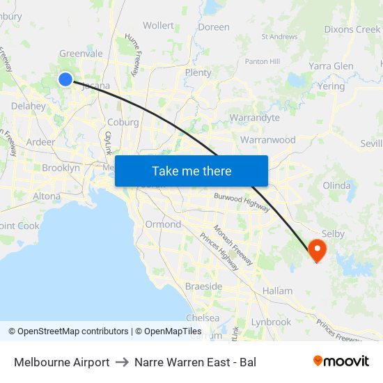 Melbourne Airport to Narre Warren East - Bal map