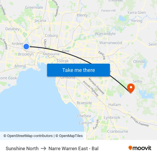 Sunshine North to Narre Warren East - Bal map