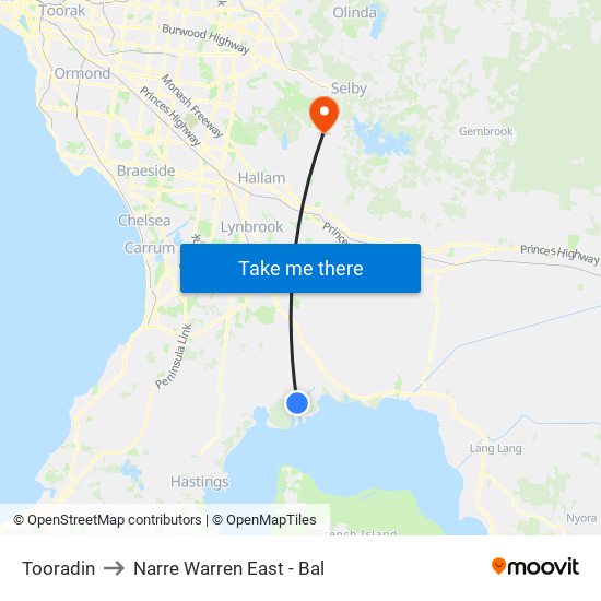 Tooradin to Narre Warren East - Bal map