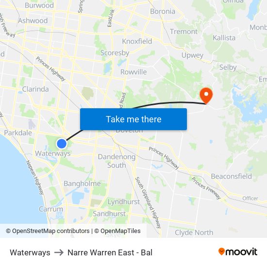 Waterways to Narre Warren East - Bal map