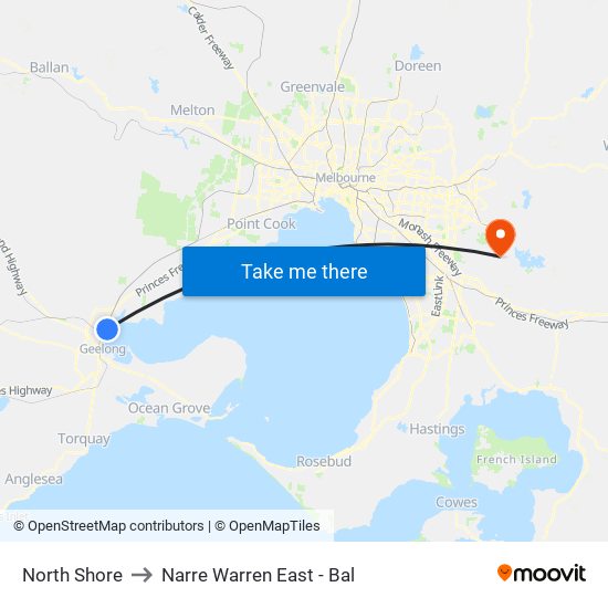 North Shore to Narre Warren East - Bal map