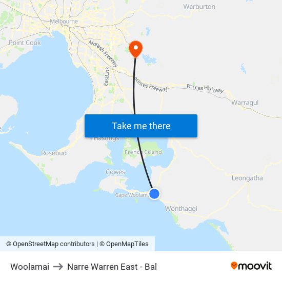 Woolamai to Narre Warren East - Bal map