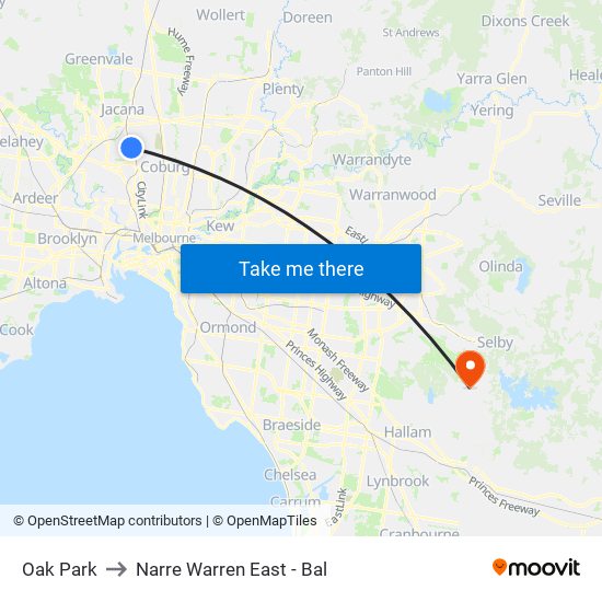 Oak Park to Narre Warren East - Bal map