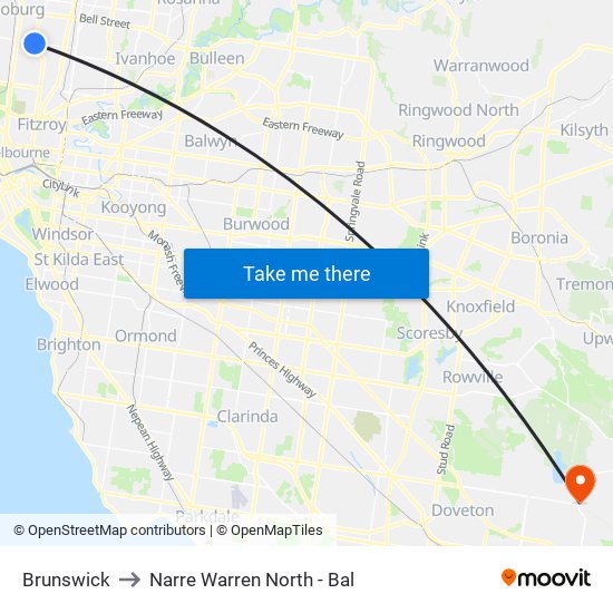 Brunswick to Narre Warren North - Bal map