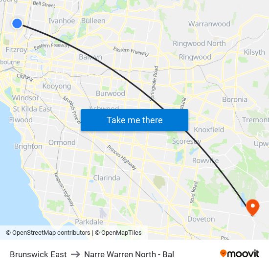 Brunswick East to Narre Warren North - Bal map