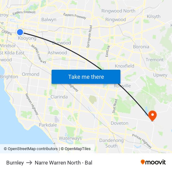 Burnley to Narre Warren North - Bal map