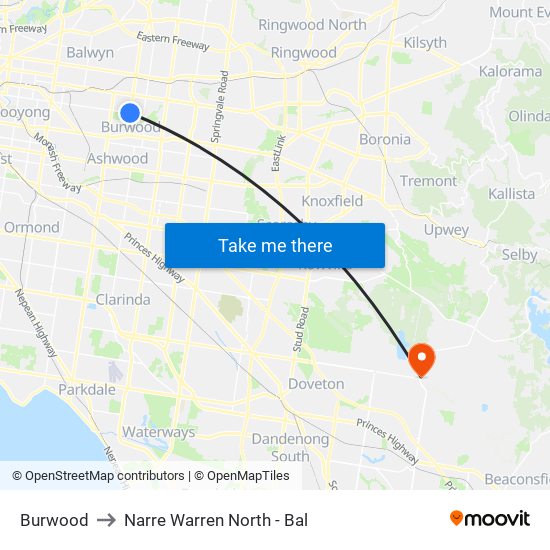 Burwood to Narre Warren North - Bal map