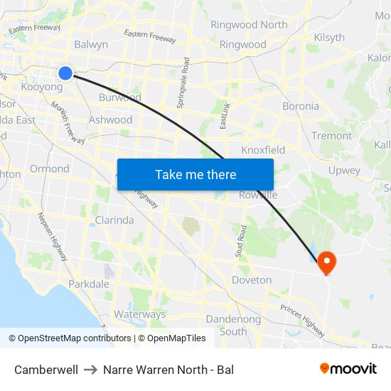 Camberwell to Narre Warren North - Bal map