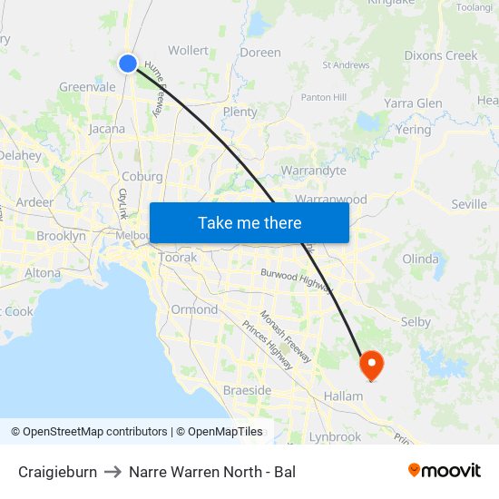 Craigieburn to Narre Warren North - Bal map