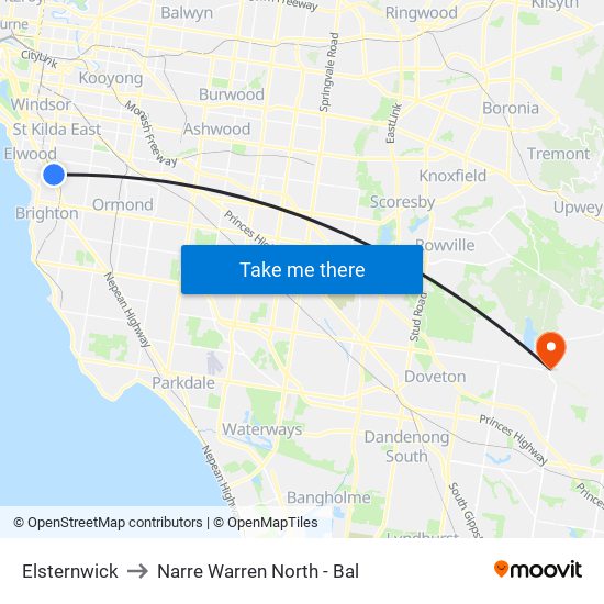 Elsternwick to Narre Warren North - Bal map