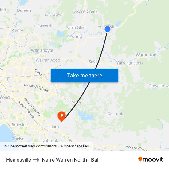 Healesville to Narre Warren North - Bal map