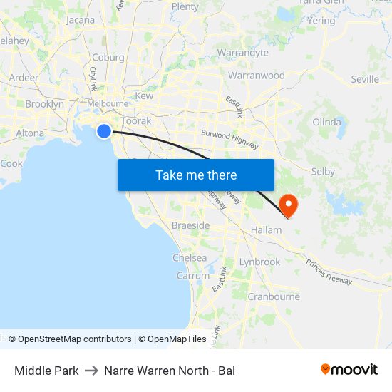 Middle Park to Narre Warren North - Bal map