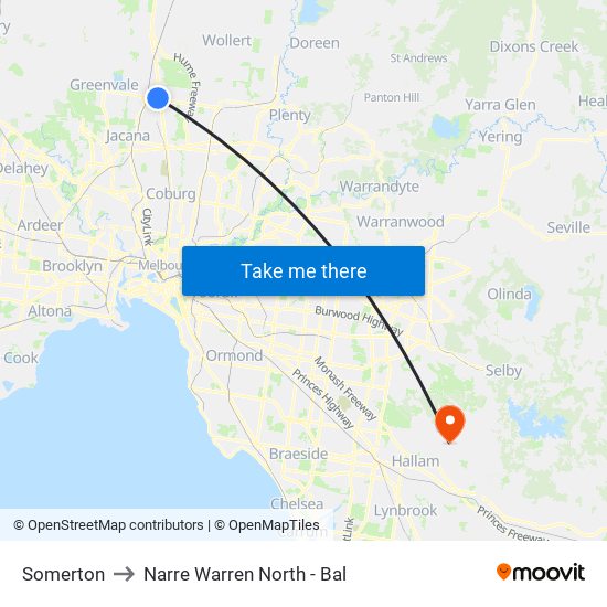 Somerton to Narre Warren North - Bal map