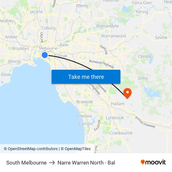 South Melbourne to Narre Warren North - Bal map