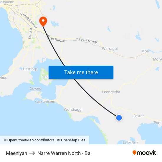 Meeniyan to Narre Warren North - Bal map