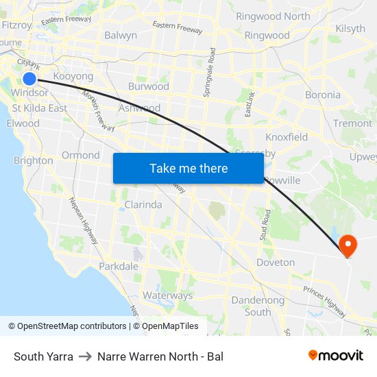 South Yarra to Narre Warren North - Bal map