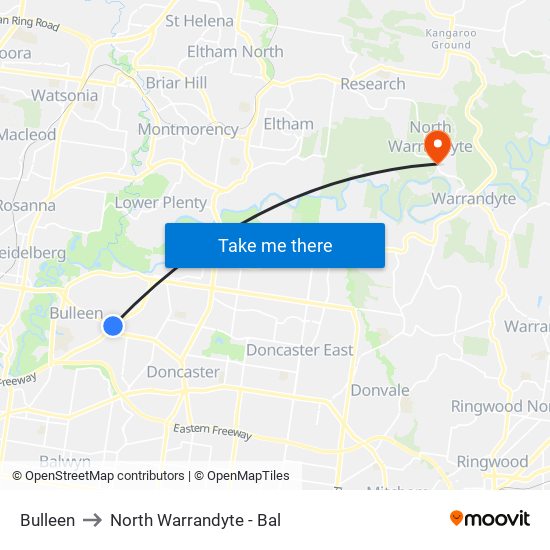 Bulleen to North Warrandyte - Bal map