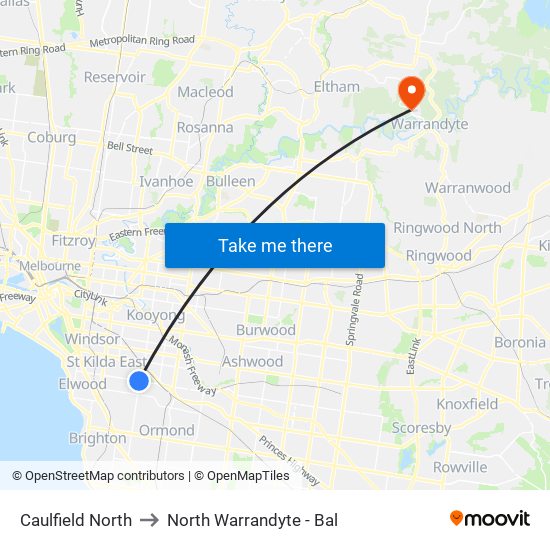 Caulfield North to North Warrandyte - Bal map