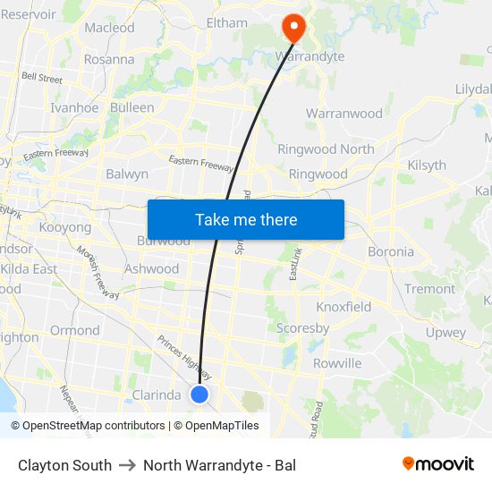 Clayton South to North Warrandyte - Bal map
