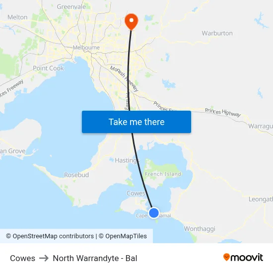 Cowes to North Warrandyte - Bal map