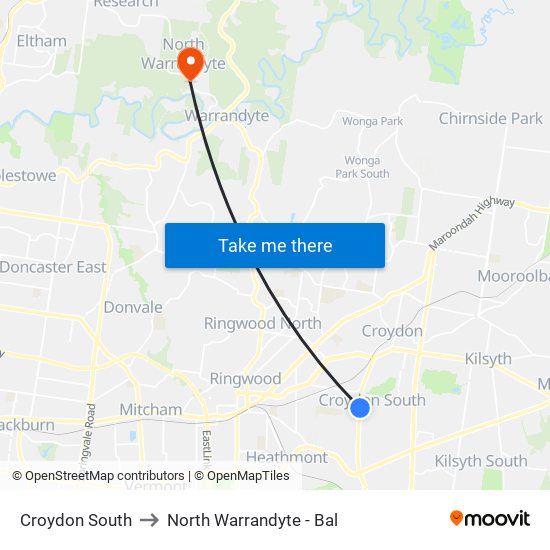 Croydon South to North Warrandyte - Bal map