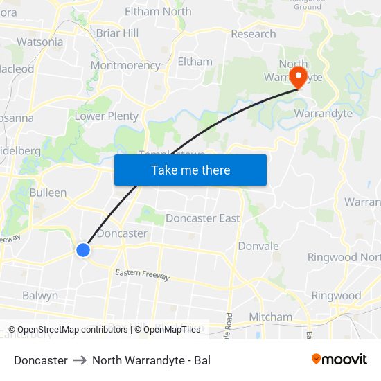 Doncaster to North Warrandyte - Bal map