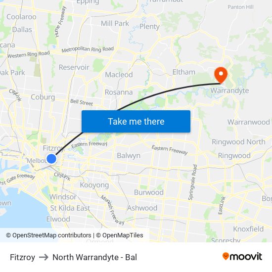 Fitzroy to North Warrandyte - Bal map