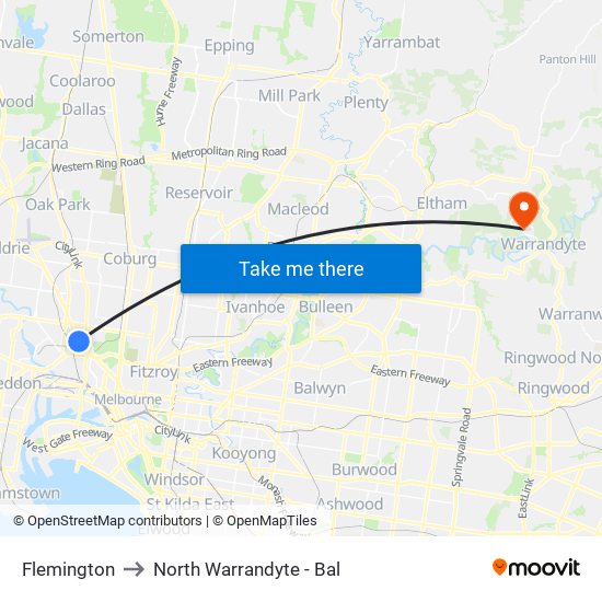 Flemington to North Warrandyte - Bal map