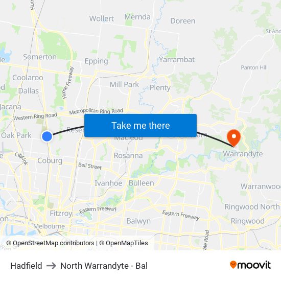 Hadfield to North Warrandyte - Bal map
