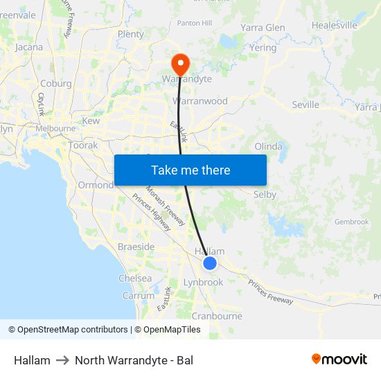 Hallam to North Warrandyte - Bal map