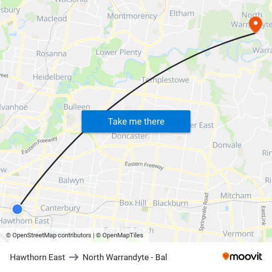 Hawthorn East to North Warrandyte - Bal map