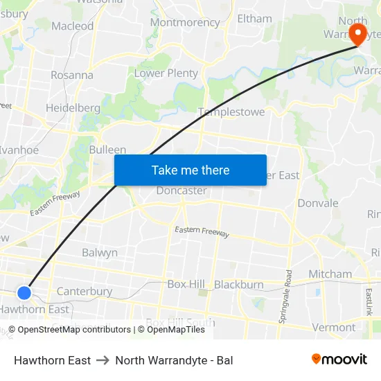 Hawthorn East to North Warrandyte - Bal map