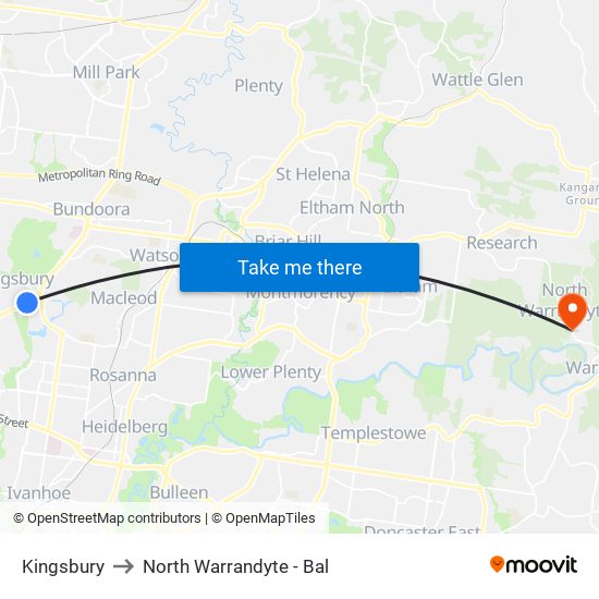 Kingsbury to North Warrandyte - Bal map