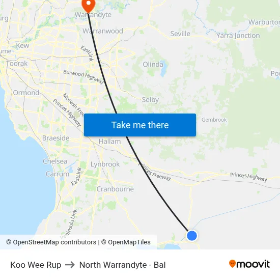 Koo Wee Rup to North Warrandyte - Bal map