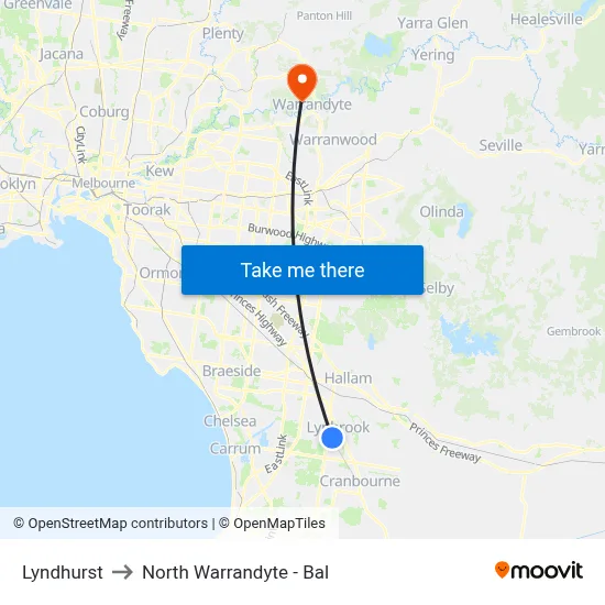 Lyndhurst to North Warrandyte - Bal map
