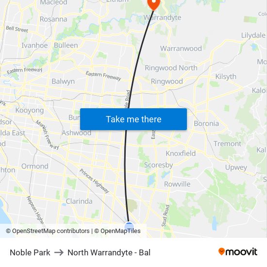 Noble Park to North Warrandyte - Bal map