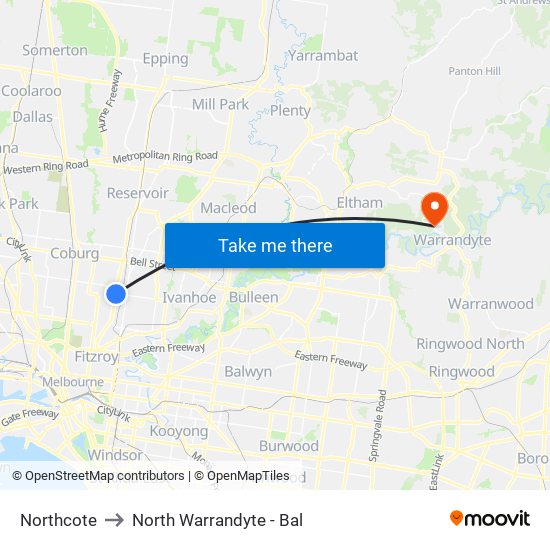 Northcote to North Warrandyte - Bal map