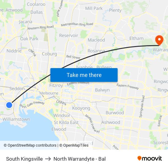 South Kingsville to North Warrandyte - Bal map