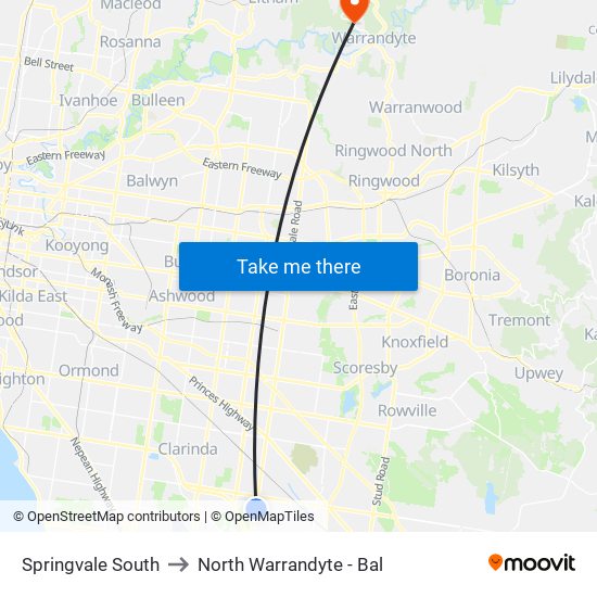 Springvale South to North Warrandyte - Bal map