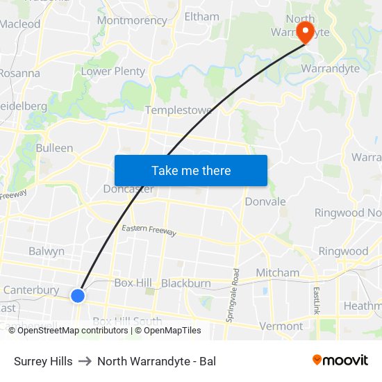 Surrey Hills to North Warrandyte - Bal map