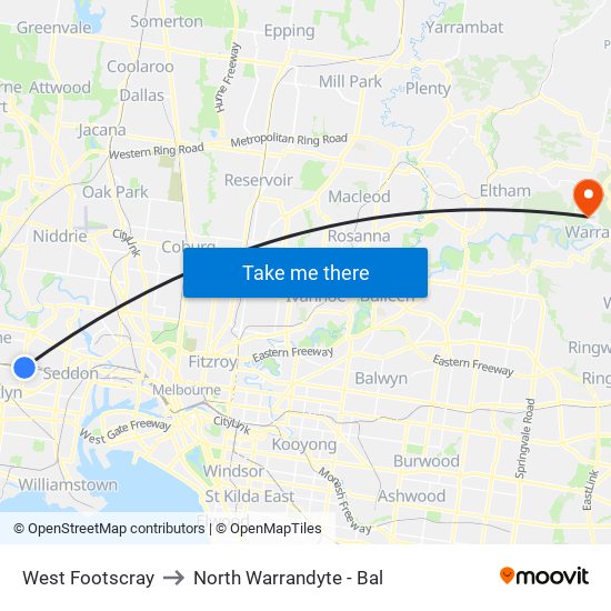 West Footscray to North Warrandyte - Bal map