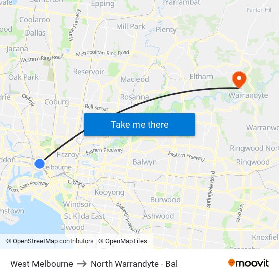 West Melbourne to North Warrandyte - Bal map