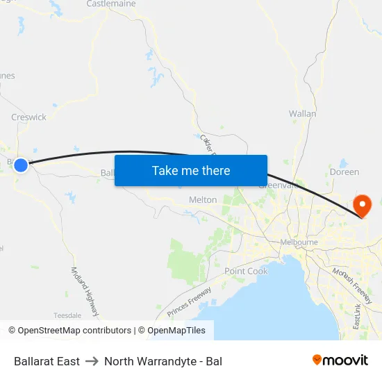 Ballarat East to North Warrandyte - Bal map
