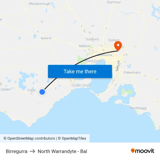 Birregurra to North Warrandyte - Bal map