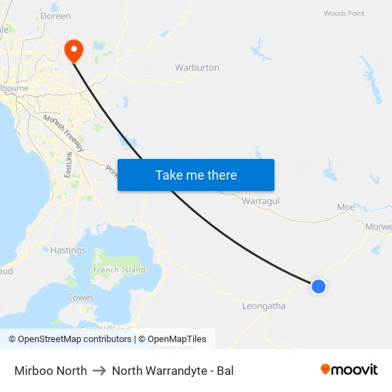 Mirboo North to North Warrandyte - Bal map