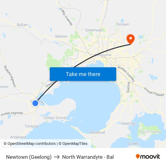 Newtown (Geelong) to North Warrandyte - Bal map